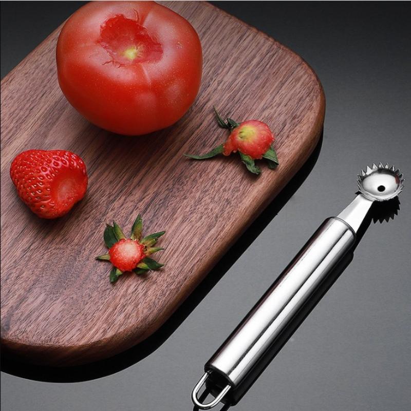 Strawberry Huller - ที่คว้านเมล็ดมะเขือเทศสแตนเลสอเนกประสงค์ เครื่องมือปอกผลไม้สำหรับสตรอว์เบอร์รี เชอร์รี อุปกรณ์เตรียมอาหารในครัว